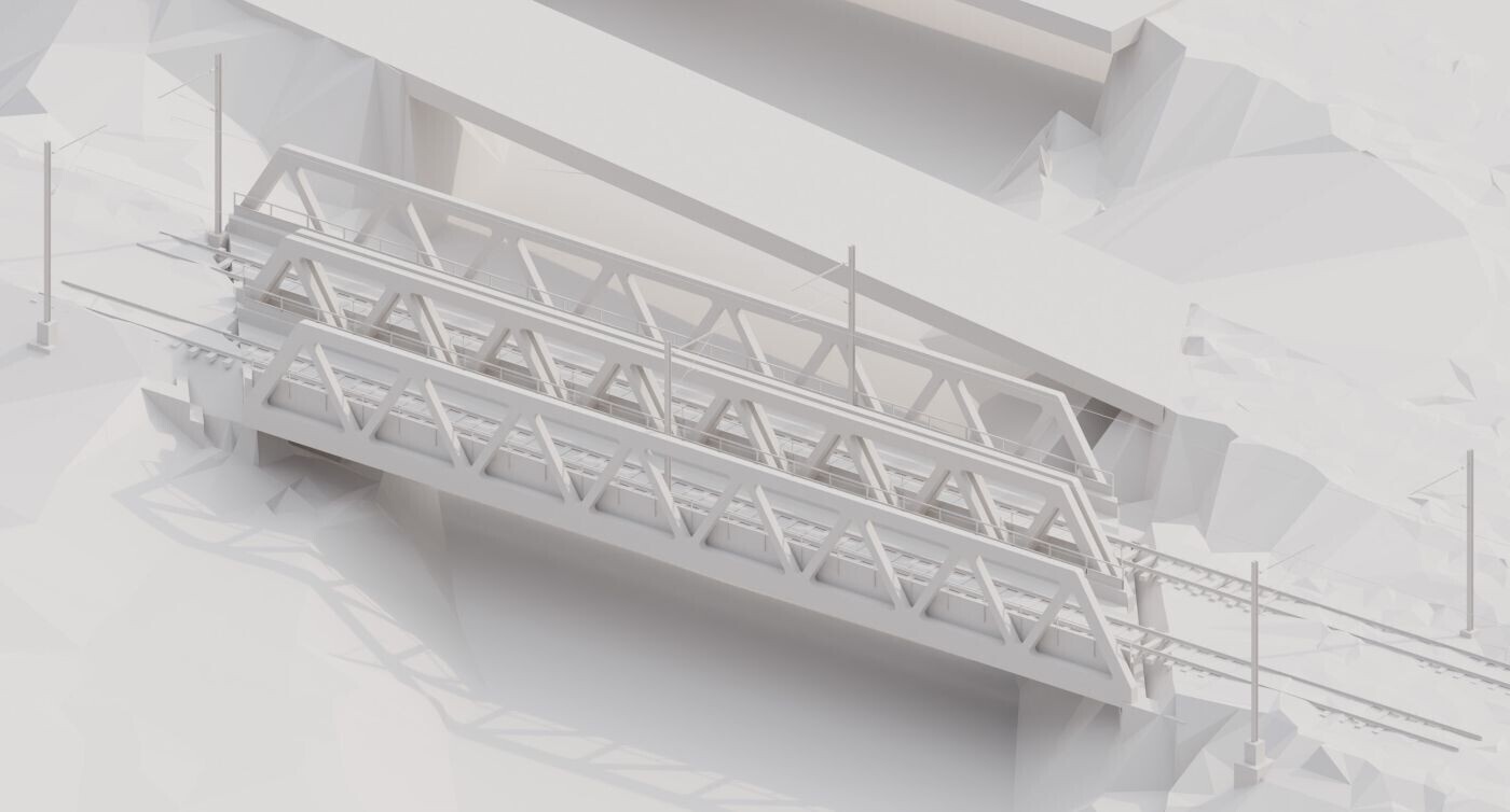 Zwei neue Stahlfachwerkbrücke führen im Rahmen eines künstlichen Modells über den Fluss.