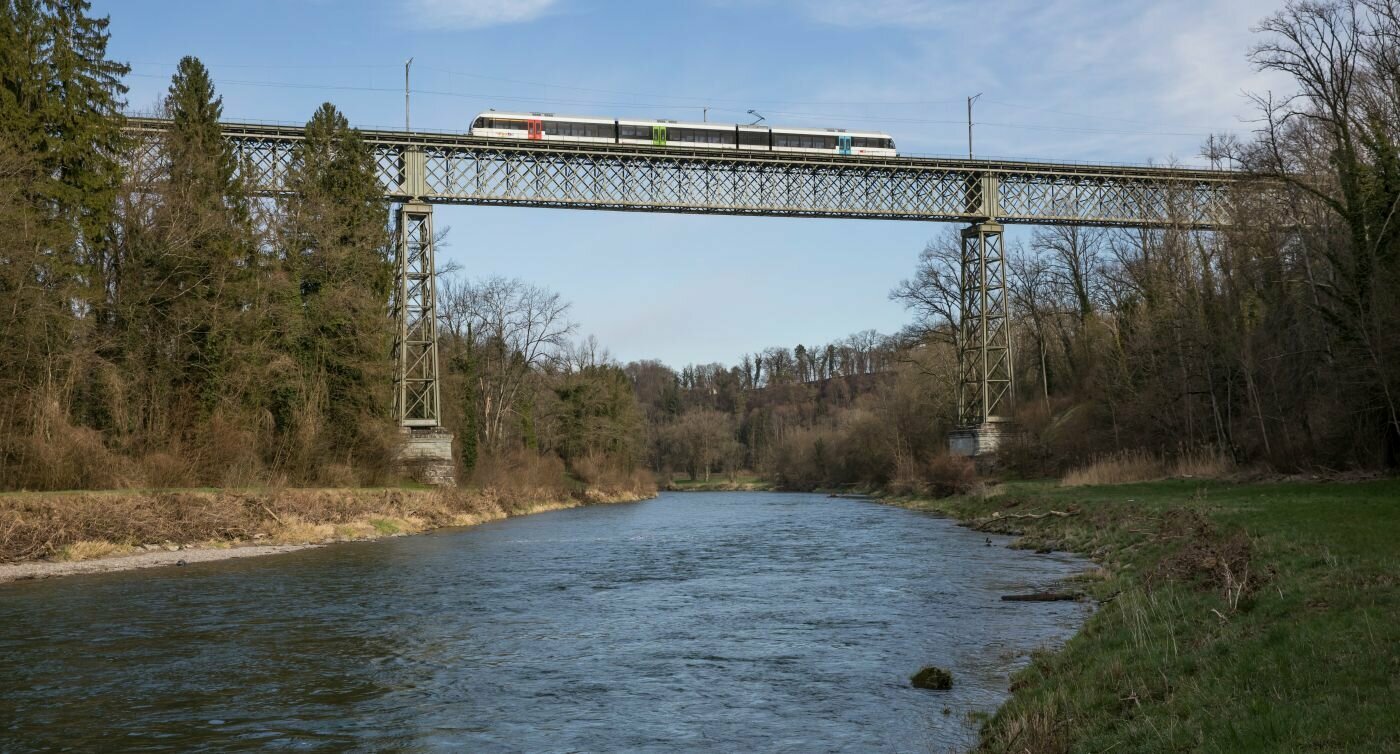 Zug fährt über eine Brücke, darunter ein Fluss
