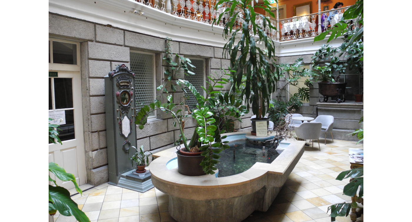 Cour intérieure avec une fontaine au centre et de nombreuses plantes