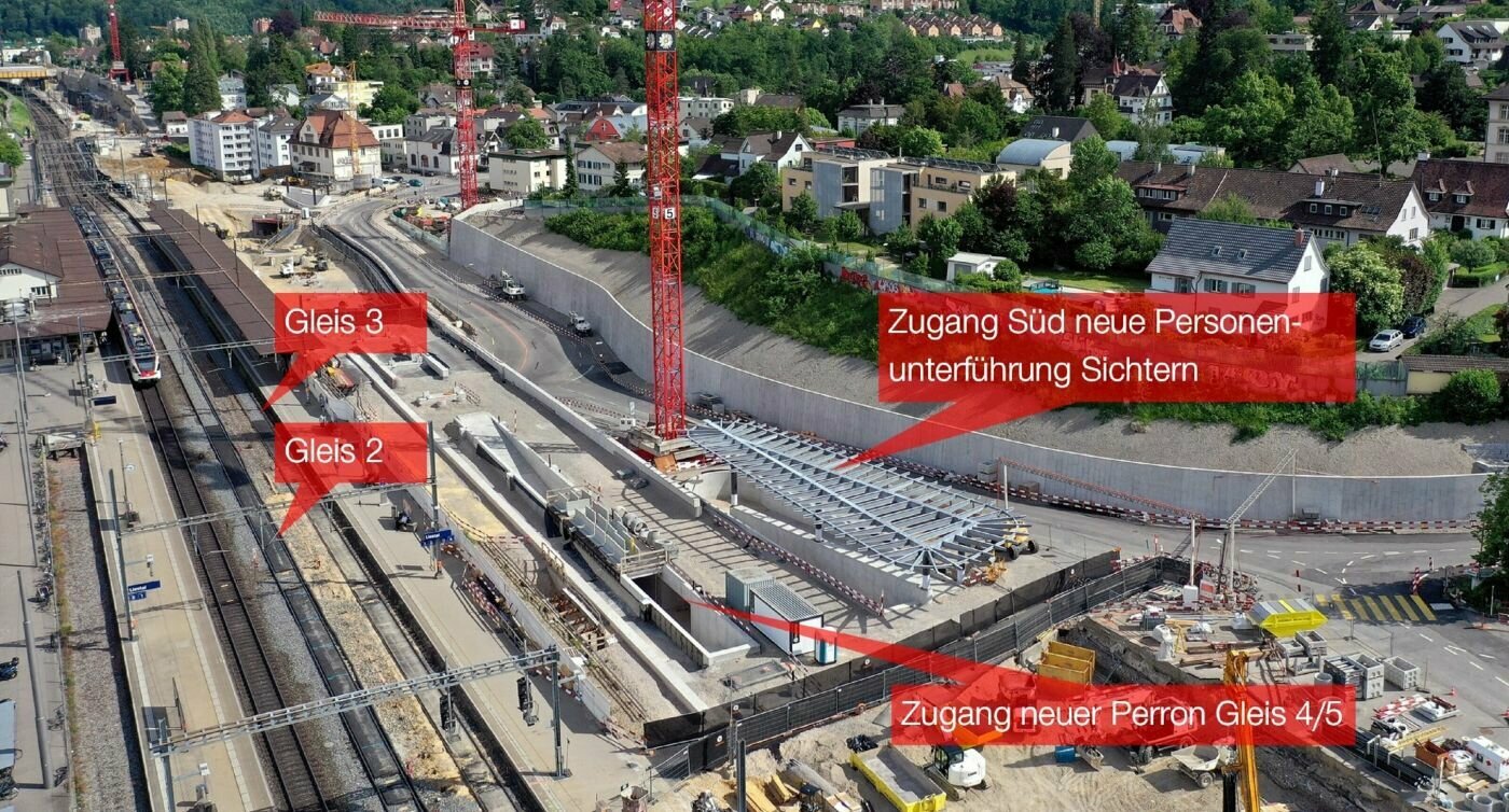Bahnhof Liestal. Gleis 2 und 3, der Zugang Süd und zum neuen Perron GLeis 4/5 sind gekennzeichnet.