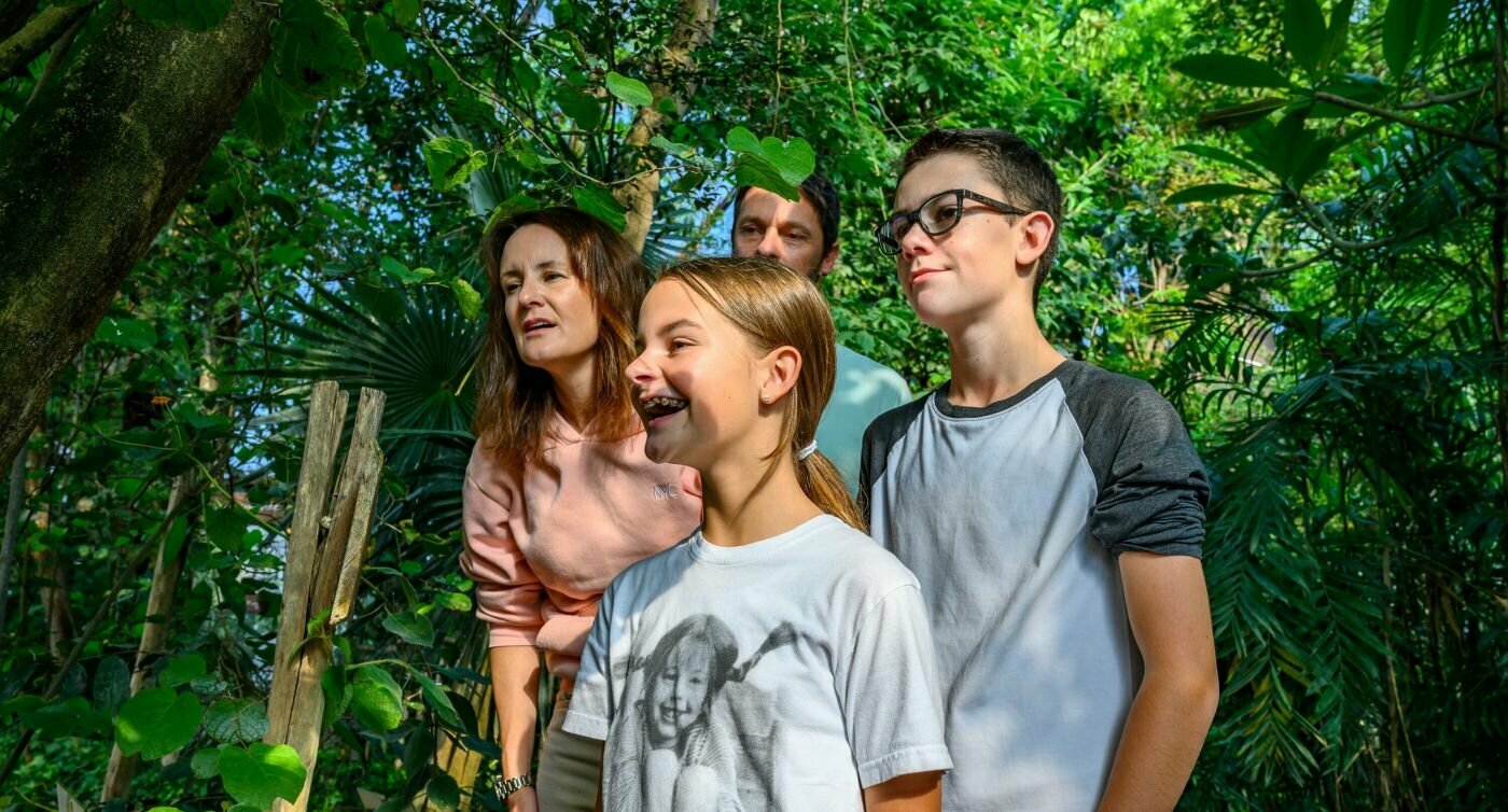 Une mère, un père, leur fille et leur fils observant avec intérêt un papillon dans la jungle luxuriante du Papiliorama.