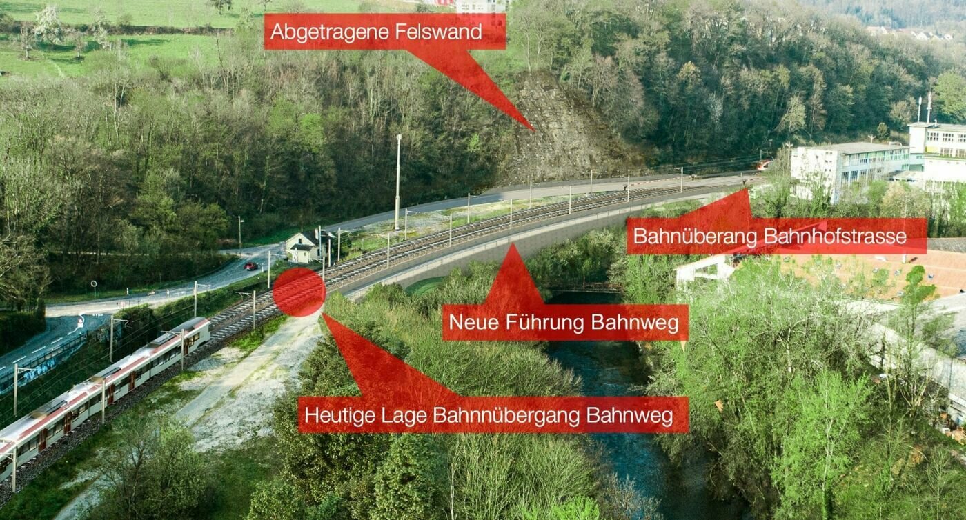 Bahnlinie von oben mit Kennzeichnung über den heutigen Bahnübergang und die neue Führung.