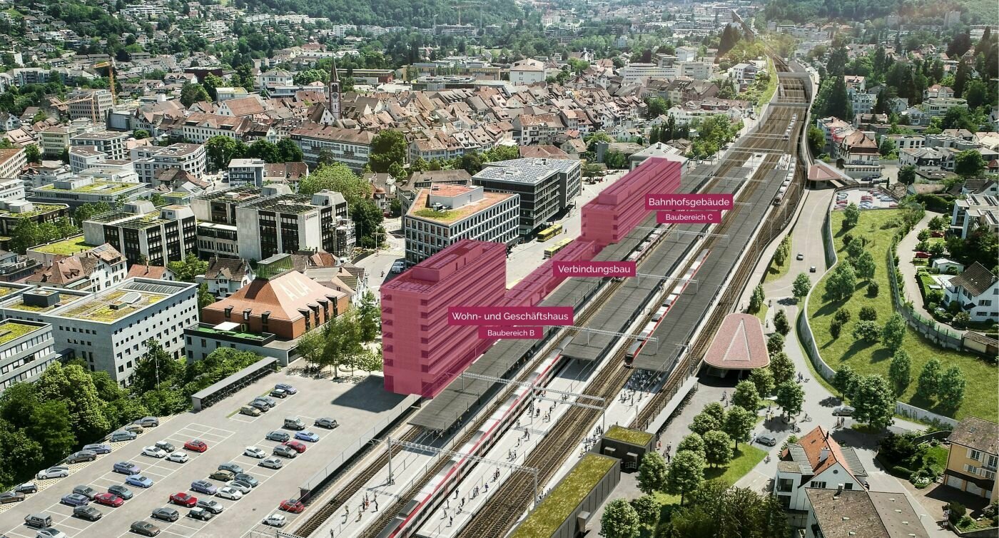 Abbildung Baubereiche: Wohn- und Geschäftshaus Baubereich B, Verbindungsbau und Bahnhofsgebäude Baubereich C