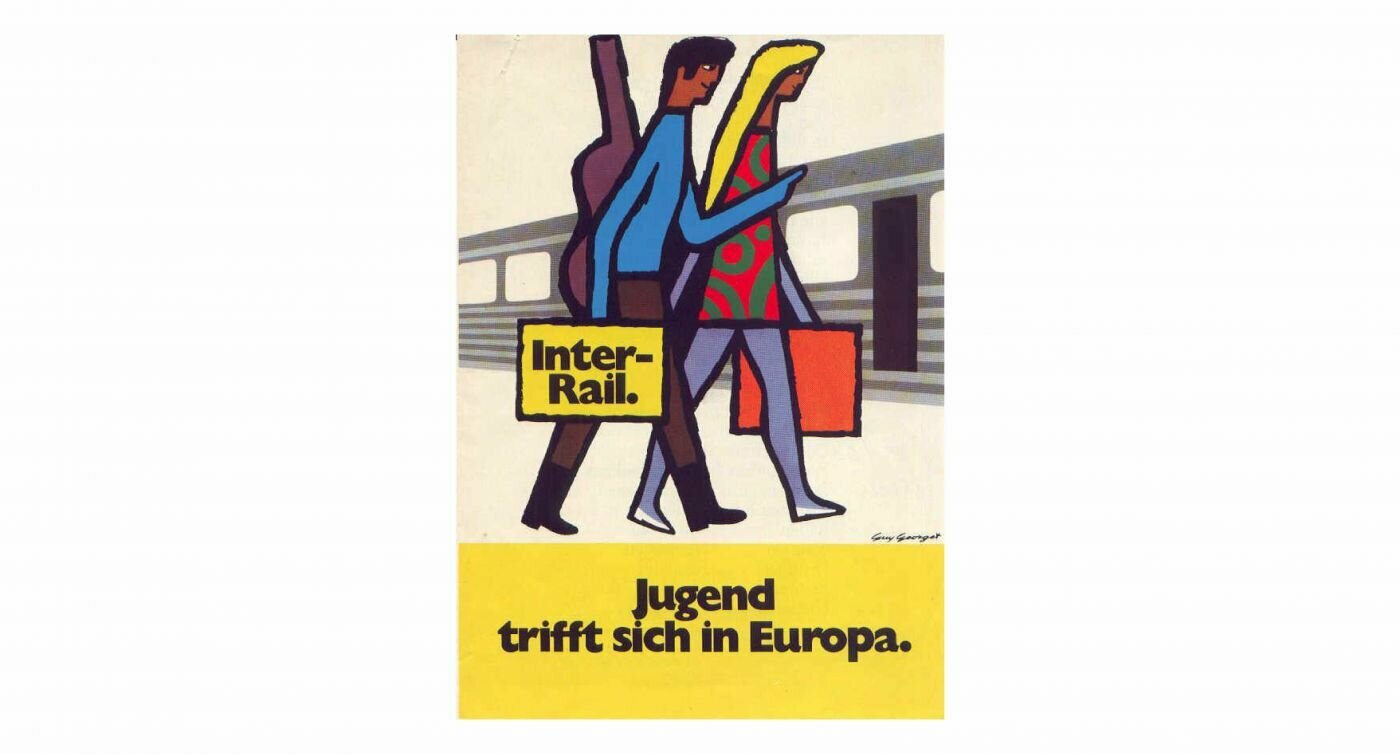 Plakat mit Zeichnung von zwei Passagieren mit Koffer
