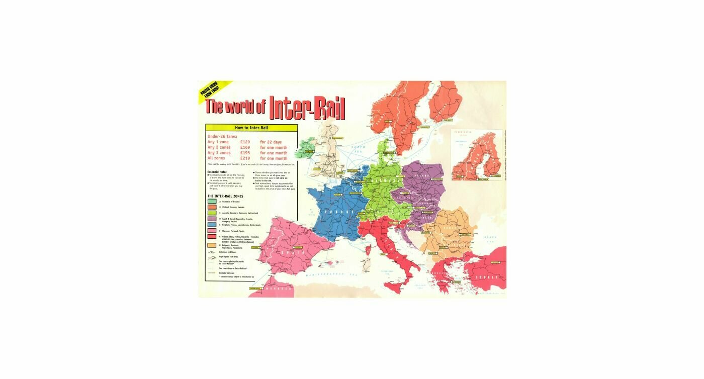 Kartenansicht von Europa mit Interrailzonen und Preisen.