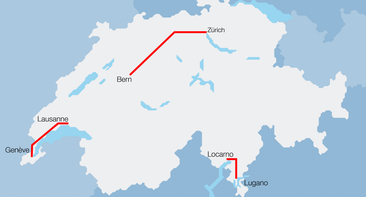 Eingezeichnete Autobahnabschnitte auf Karte: Genf bis Lausanne, Bern bis Zürich, Locarno bis Lugano