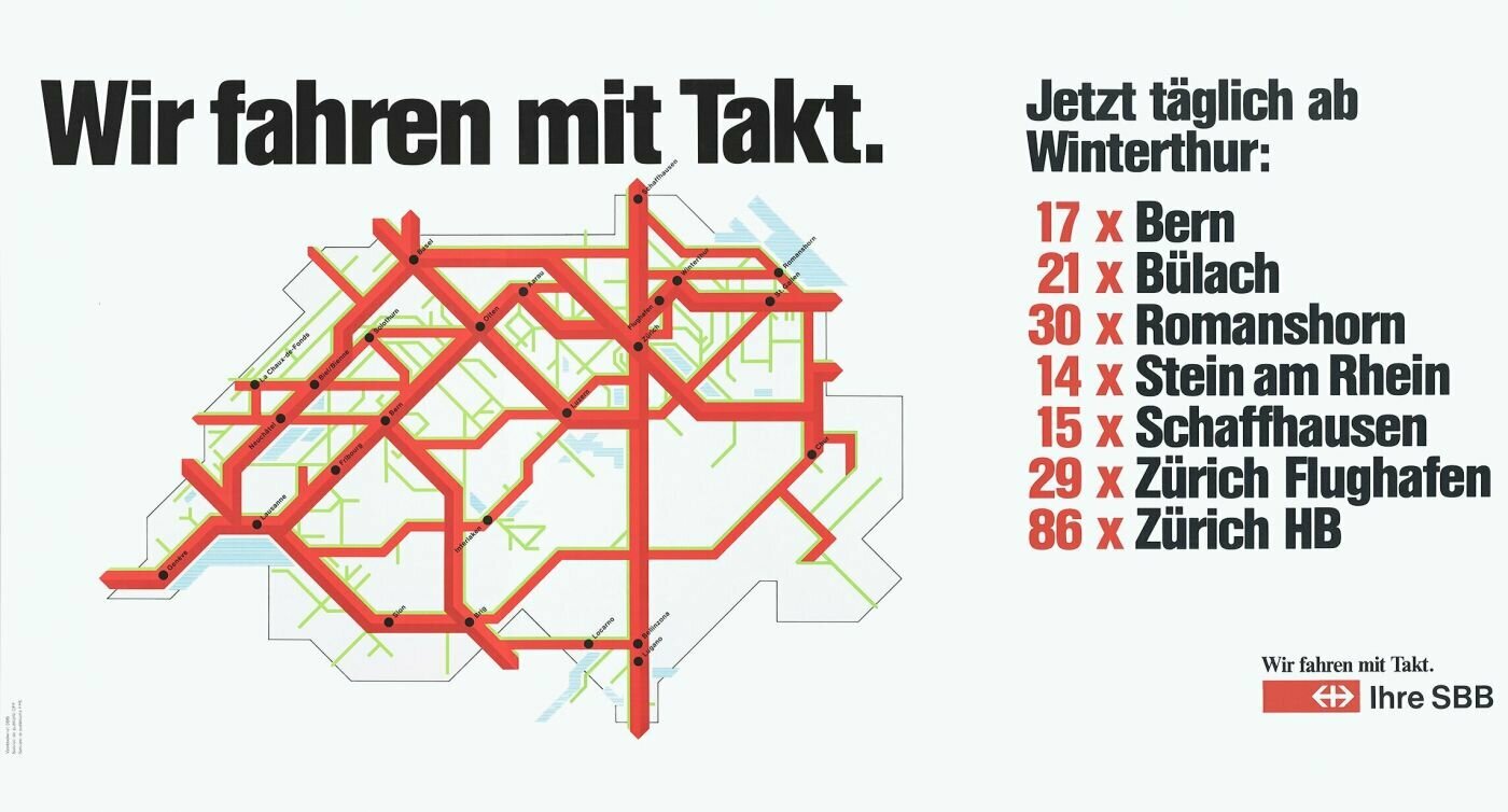Affiche avec l'inscription " Nous roulons en rythme. Maintenant tous les jours au départ de Winterthur" et le nombre de liaisons vers différentes villes en allemand. 