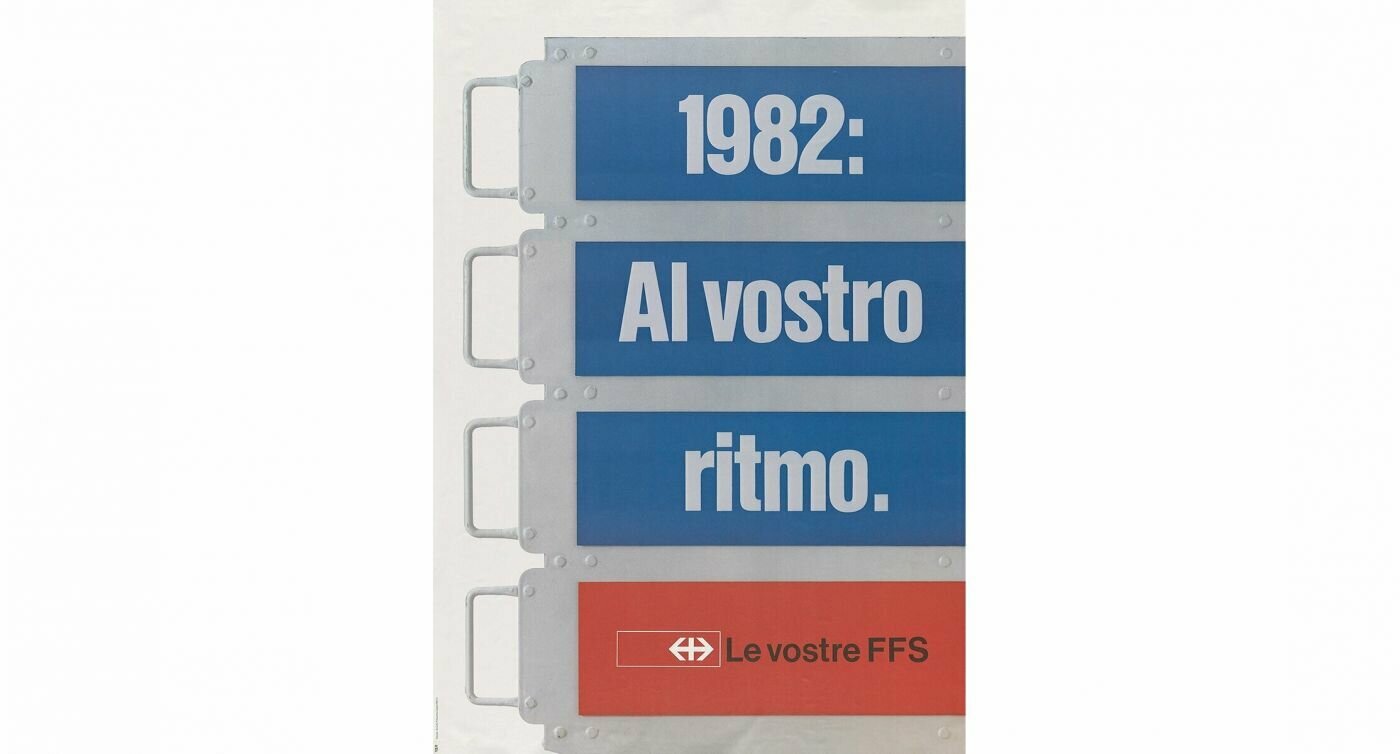 Affiche de plaquette avec l'inscription "1982 : A leur rythme" en italien 
