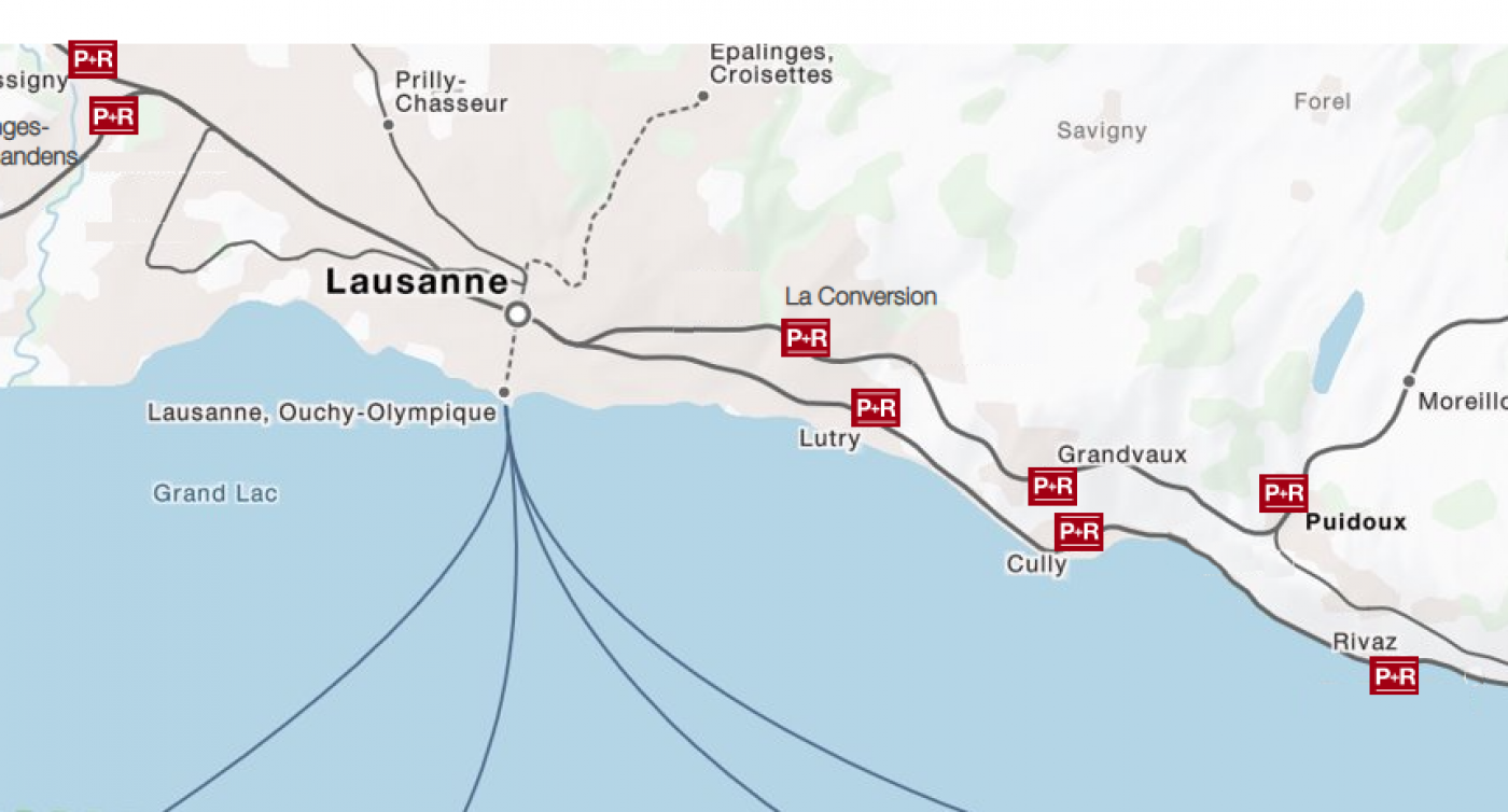 Emplacements P+Rail signalés autour de Lausanne sur une carte