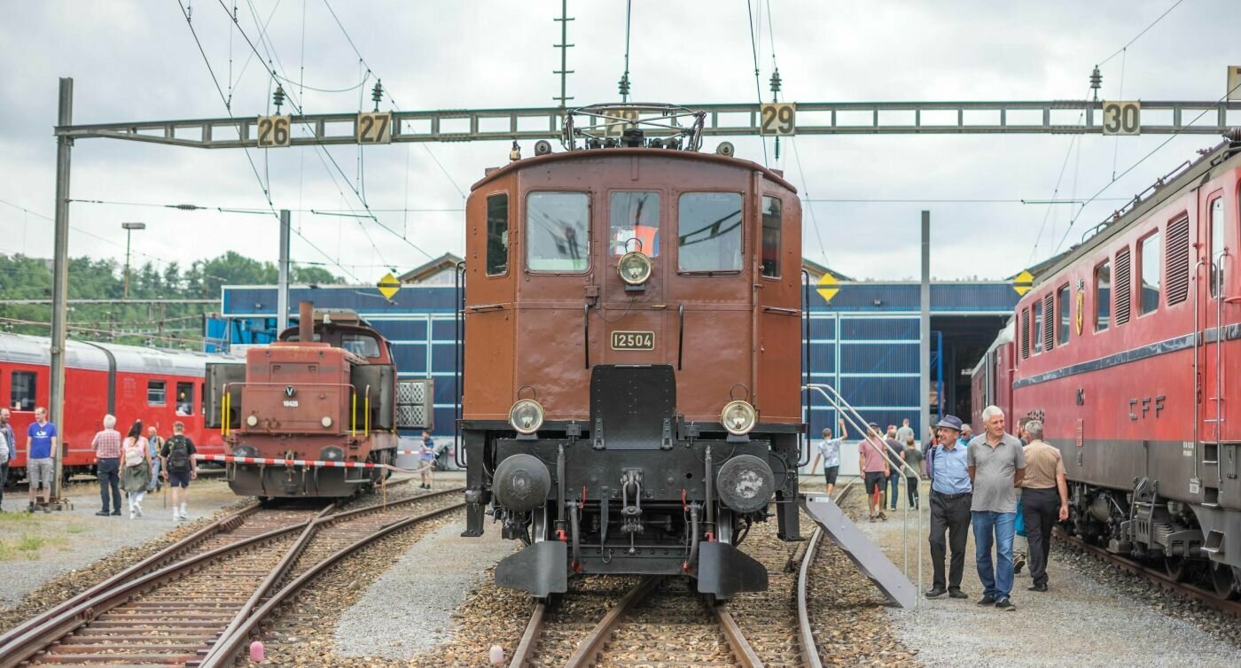 Historische, braune Lokomotiven stehen draussen auf Depotgleisen. 