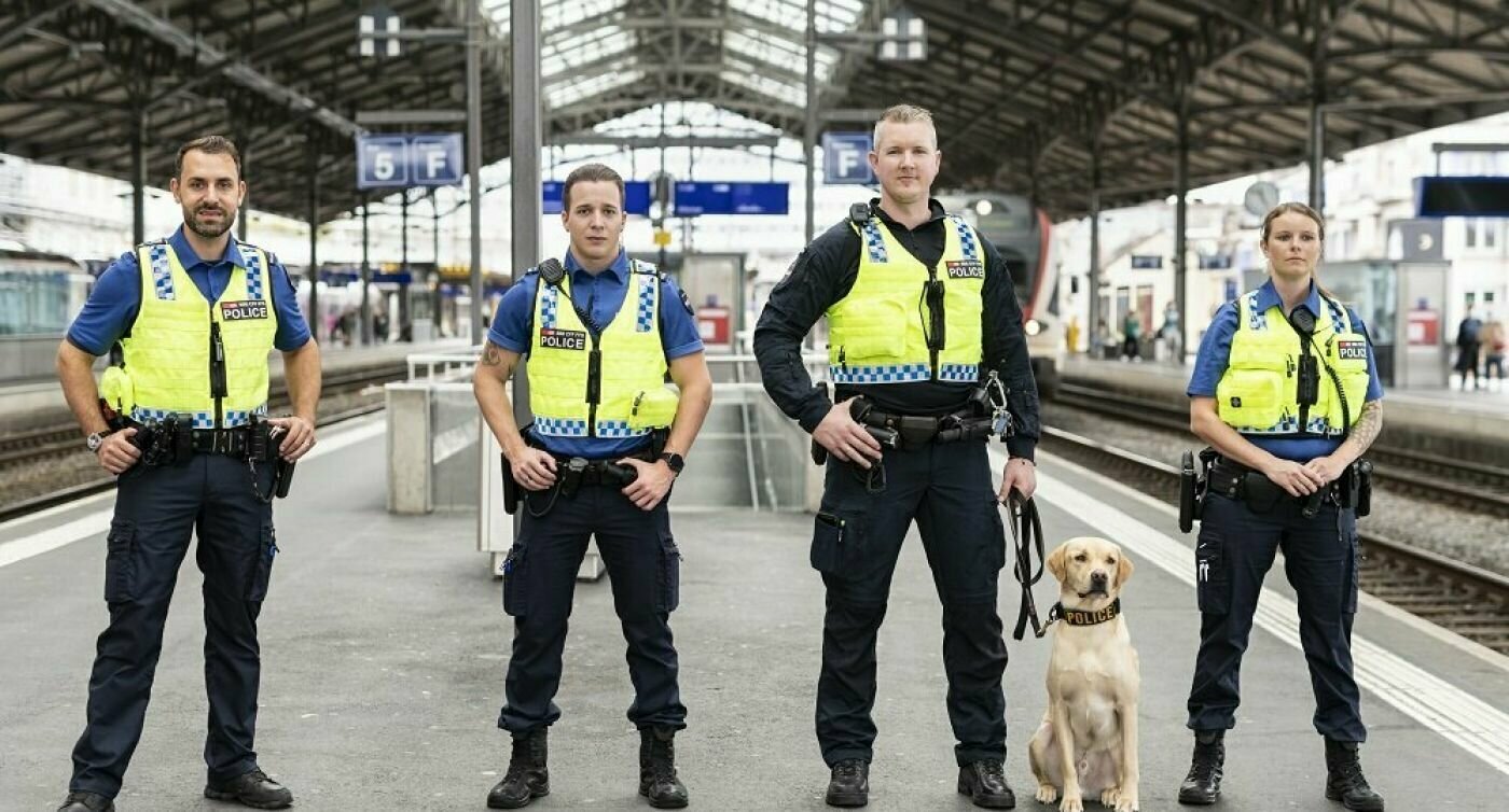 Portrait de quatre agents de la police des transports des CFF avec un chien sur le quai de la gare