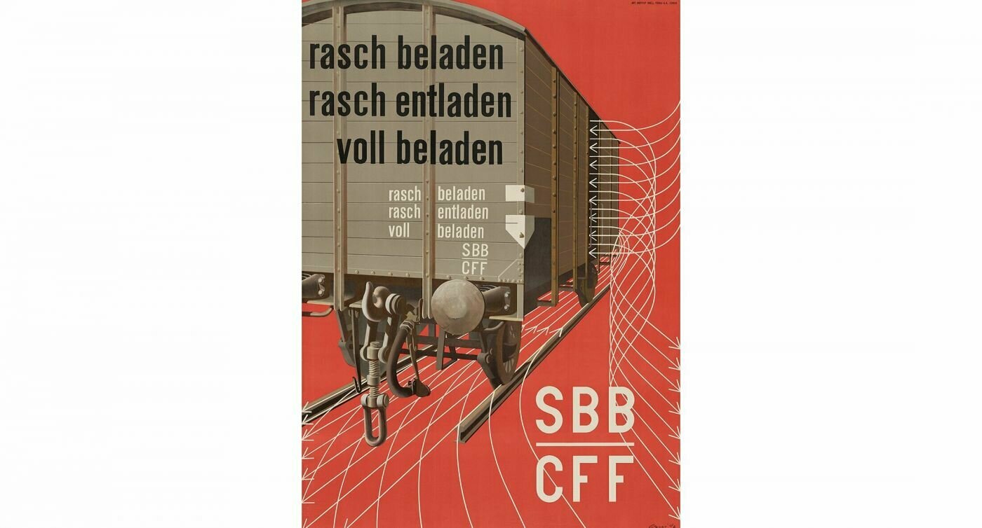 Das Bild zeigt einen kleinen Teil der Plakatsammlung von SBB Historic, Hans Erni 1942