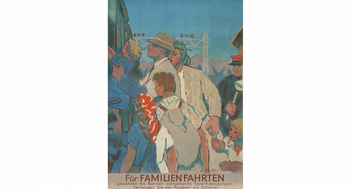 Ilustration von Passagieren die in einen Zug steigen mit der Beschriftung "Für Familienfahrten gewähren die Bahnen weitgehende Taxenermässigungen."