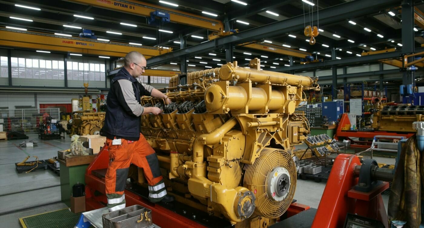 Un homme travaille sur une locomotive d'infrastructure à l'usine de Bienne. 
