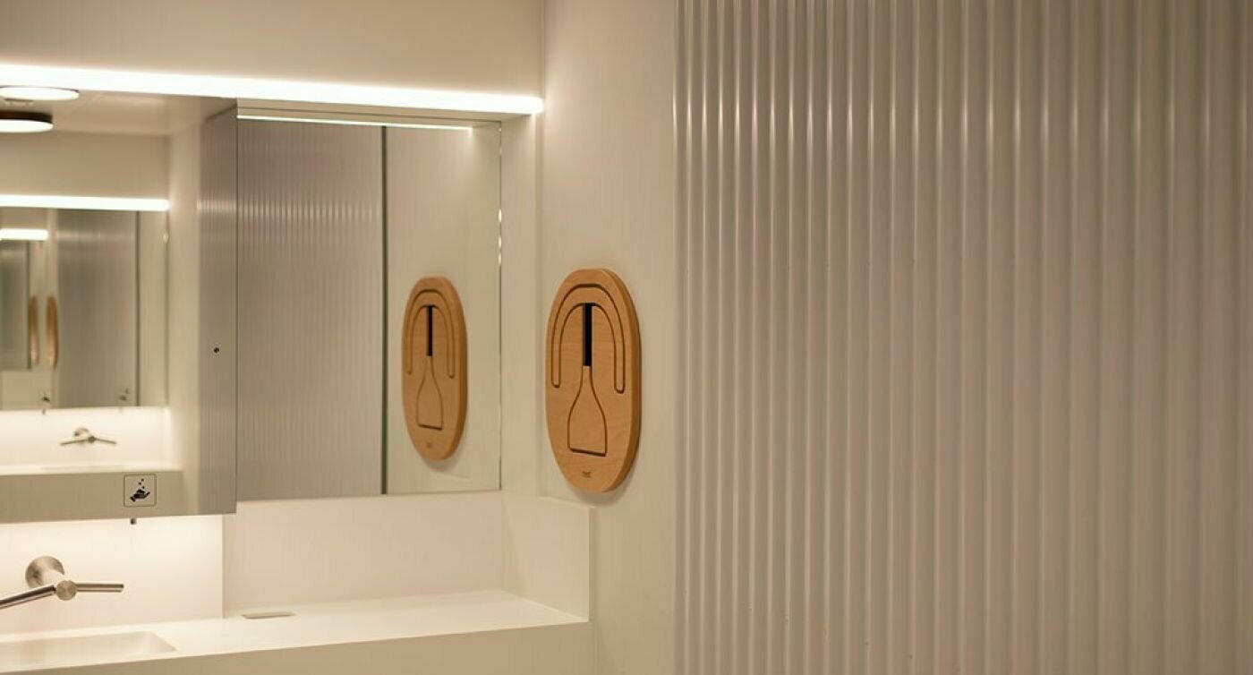 Zone de lavage d'un centre de toilettes avec lavabo et miroir
