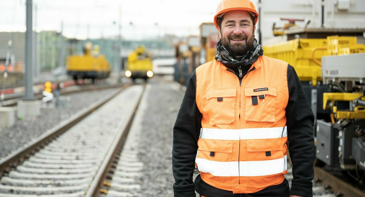 David Pirrello posant dans le faisceau de voies près d’un train de chantier.