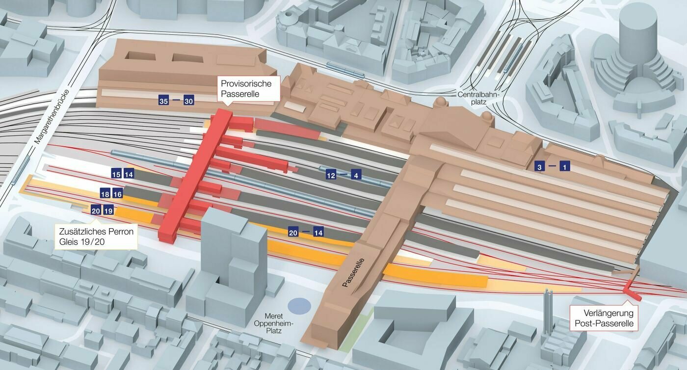 Die Visualisierung zeigt den künftigen Bahnhof Basel SBB von der Südseite (Gundeldingen) Richtung Norden (Centralbahnplatz) gesehen.