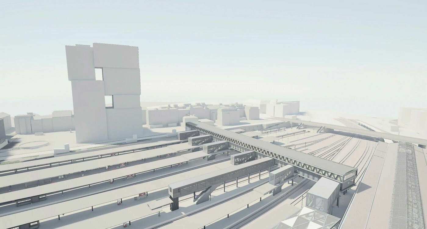Die Visualisierung zeigt die neue provisorische Passerelle von der Centralbahnplatzseite (Höhe Westflügel) Richtung Gundeldingen gesehen.