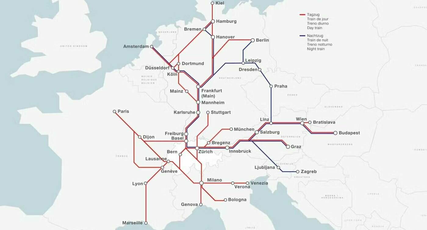 Graphique des liaisons ferroviaires de jour et de nuit entre la Suisse et de nombreuses destinations européennes