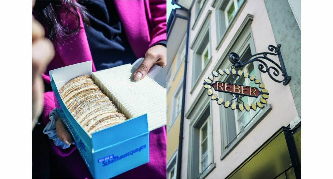 Photo de gauche : une boîte en carton ouverte contenant des biscuits. Photo de droite : un panneau orné de l'inscription Reber sur la façade d'une maison.