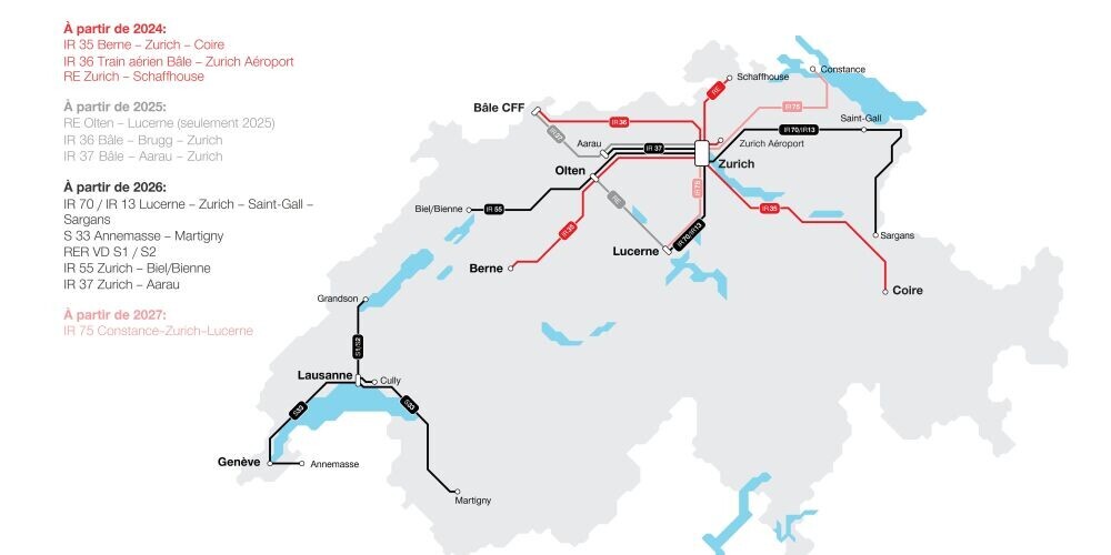 Domaines d'utilisation du RABe 512 IR Dosto sur une carte. A partir de 2024 : IR 35 Berne - Zurich - Coire, IR 36 train aérien Bâle - Zurich aéroport, RE Zurich - Schaffhouse. A partir de 2025 : RE Olten - Lucerne (seulement en 2025), IR 36 Bâle - Brugg - Zurich, IR 37 Bâle - Aarau - Zurich. A partir de 2026 : IR 70 / IR 13 Lucerne - Zurich - St-Gall - Sargans, S 33 Annemasse - Martigny, RER VD S1 / S2, IR 55 Zurich - Biel/Bienne, IR 37 cadence intermédiaire Zurich - Aarau. A partir de 2027 : IR 75 Constance - Zurich - Lucerne. 