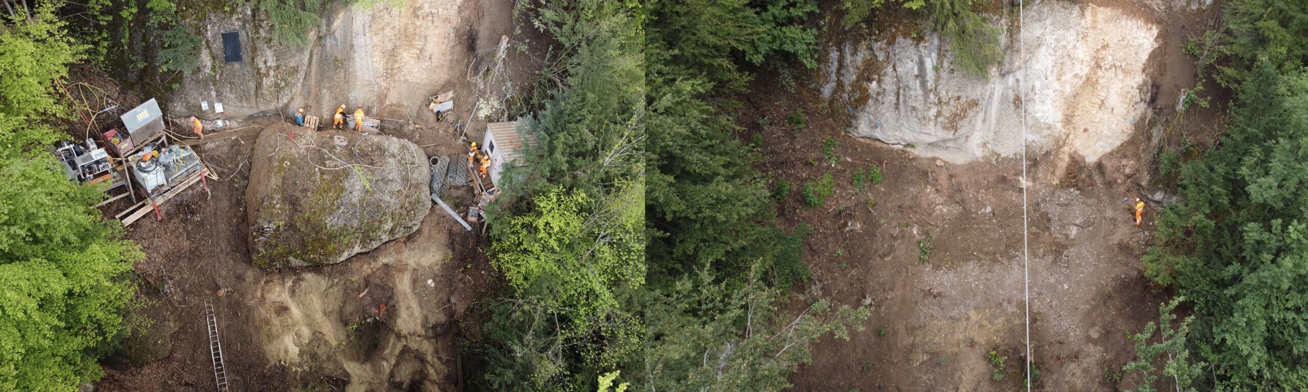 Felsblock im steilen Wald bei Oberarth erfolgreich abgetragen.