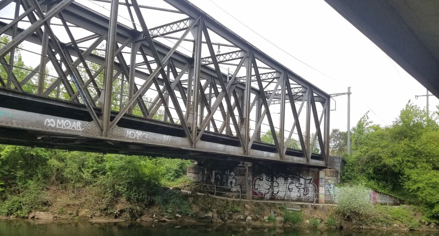 Zwei Stahlfachwerkbrücken führen über einen Fluss.