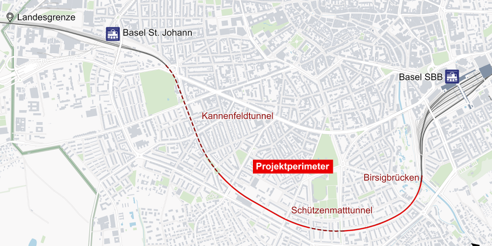 Am linken Rand der Grafik ist die Landesgrenze eingezeichnet, am rechten Rand der Bahnhof Basel SBB. Oben erkennt man einen Teil des Rheins. Der Abschnitt zwischen der Landesgrenze und dem Bahnhof Basel St. Johann ist nicht hervorgehoben. Der Abschnitt zwischen dem Nordportal des Kannenfeldtunnels und den Birsigbrücken ist rot markiert, die beiden Tunnel Kannenfeld und Schützenmatt schraffiert. Ebenfalls rot eingezeichnet sind die Birsigbrücken. Der Abschnitt zwischen Birsigbrücken und dem Bahnhof Basel SBB ist nicht hervorgehoben.