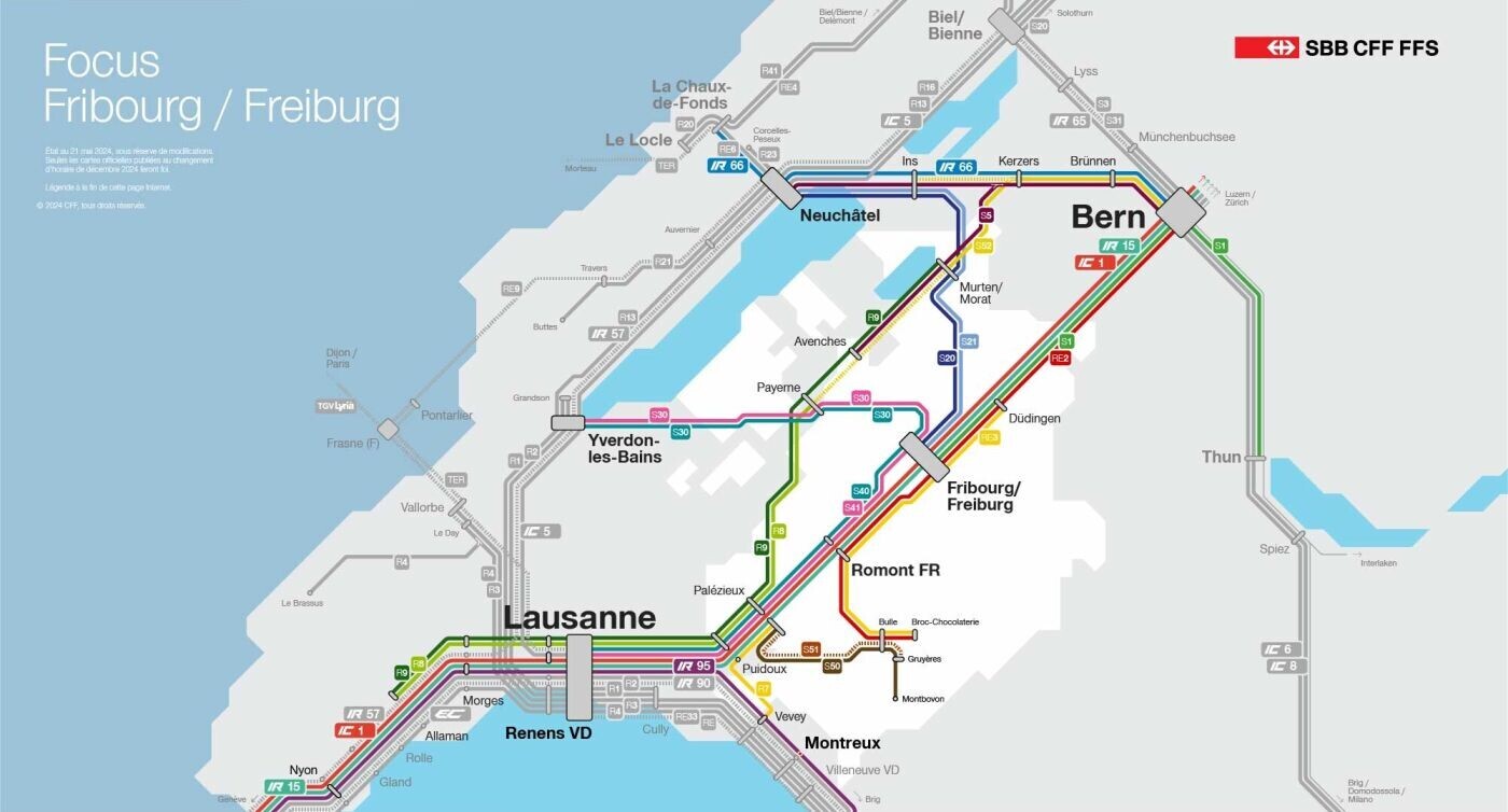 Diese visuelle Darstellung zeigt die Veränderungen des Bahnverkehrs im Kanton Freiburg in Form eines Schemas. Alle Änderungen sind auch im folgenden Text aufgelistet.