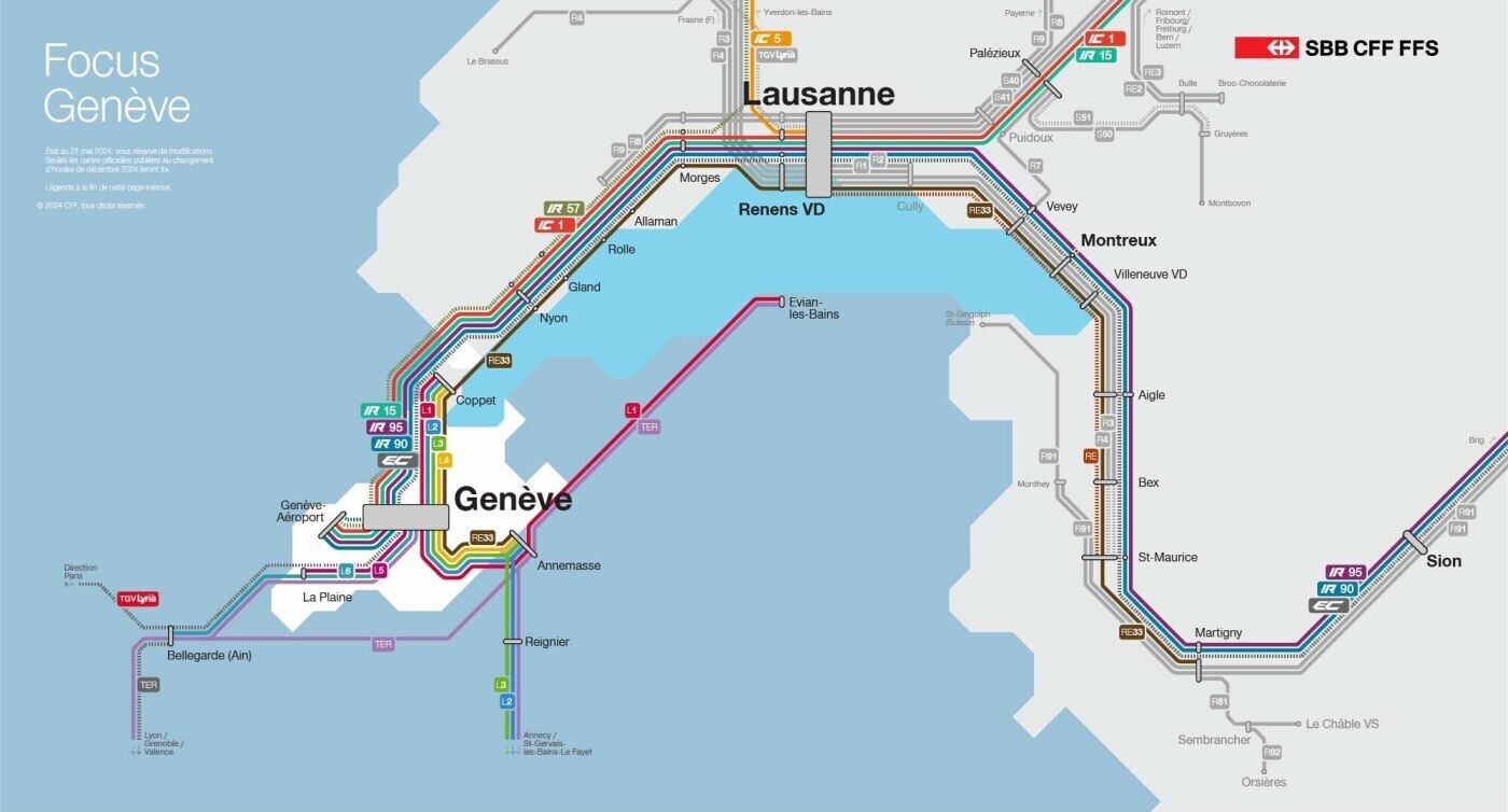 Diese visuelle Darstellung zeigt die Veränderungen des Bahnverkehrs im Kanton Genf in Form eines Schemas. Alle Änderungen sind auch im folgenden Text aufgelistet.