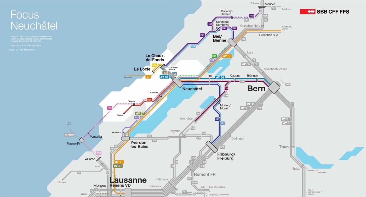 Dieses Bild zeigt die Veränderungen des Bahnverkehrs im Kanton Neuenburg in Form eines Schemas. Alle Änderungen sind auch im folgenden Text aufgelistet.