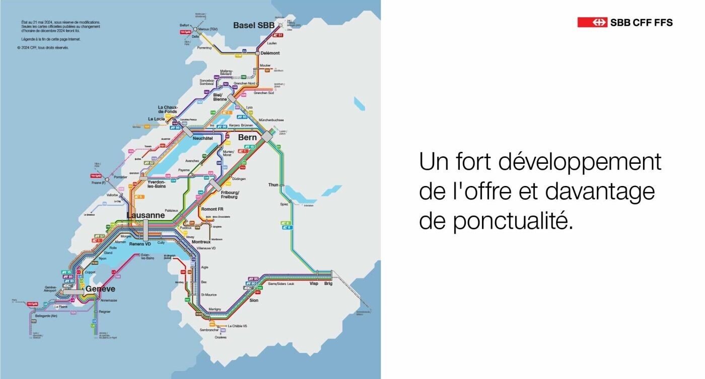 Dieses Bildmaterial zeigt den Zugverkehr in der Westschweiz in Form eines Schemas. Massgeblich sind die im Dezember 2024 veröffentlichten offiziellen Karten.